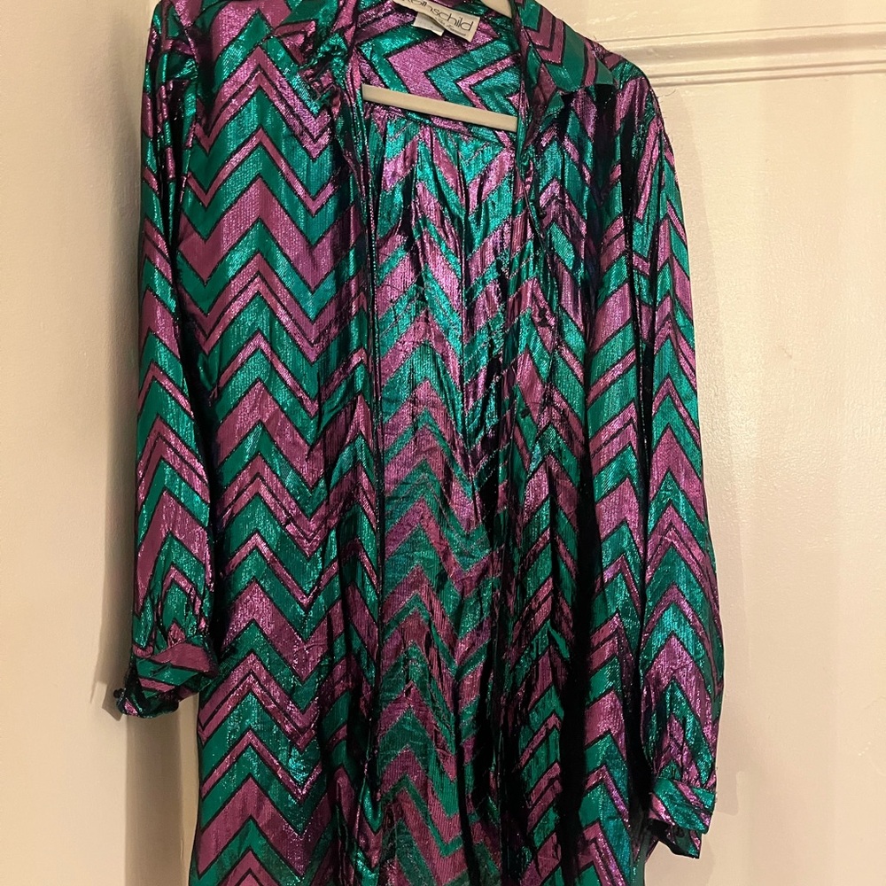 Rothschild Metallic Chevron Draped Open-Front Tunic in Teal and Purple